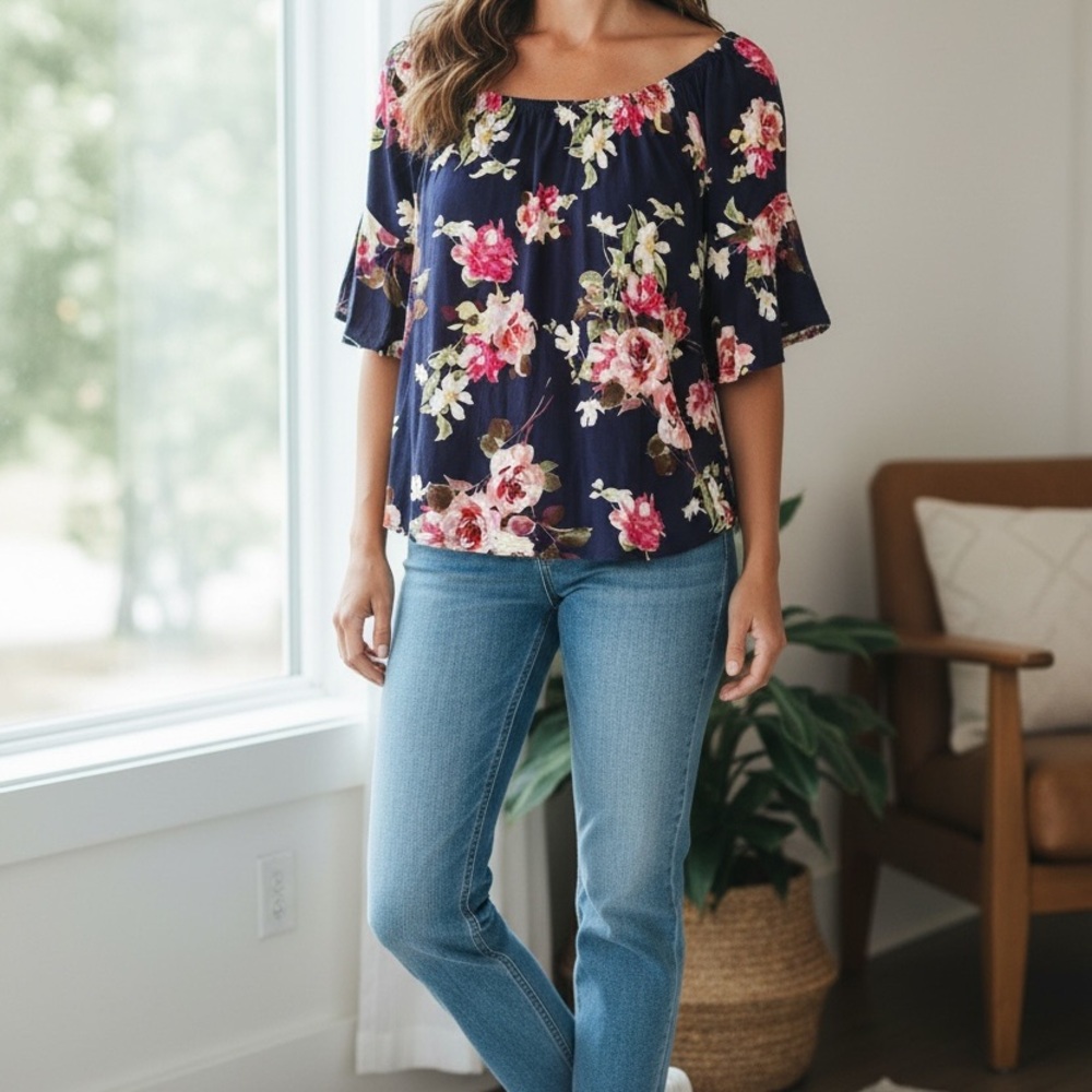 1 clique Floral Print Navy Blouse